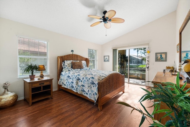 bedroom featuring lofted ceiling, access to exterior, ceiling fan, and dark wood-type flooring