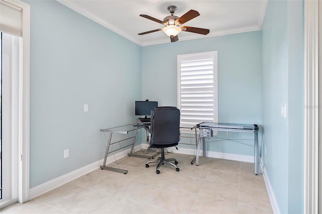 tiled home office with ceiling fan and ornamental molding