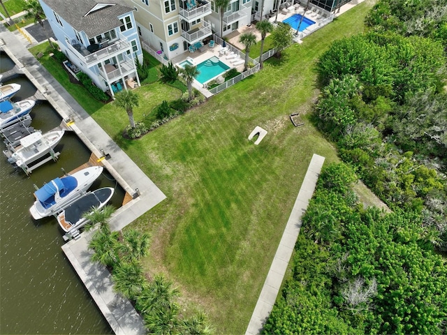 birds eye view of property featuring a water view