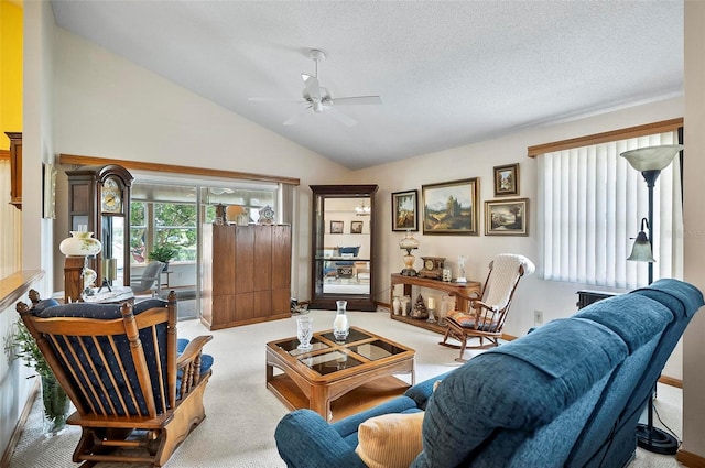 8 Sea Vista Dr, Palm Coast, FL 32137 - carpeted living room with a textured ceiling, vaulted ceiling, and a ceiling fan