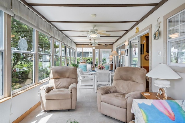 sunroom / solarium featuring plenty of natural light, ceiling fan, and beamed ceiling