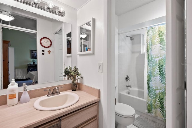 full bathroom with vanity, toilet, a textured ceiling, and shower / bath combo with shower curtain