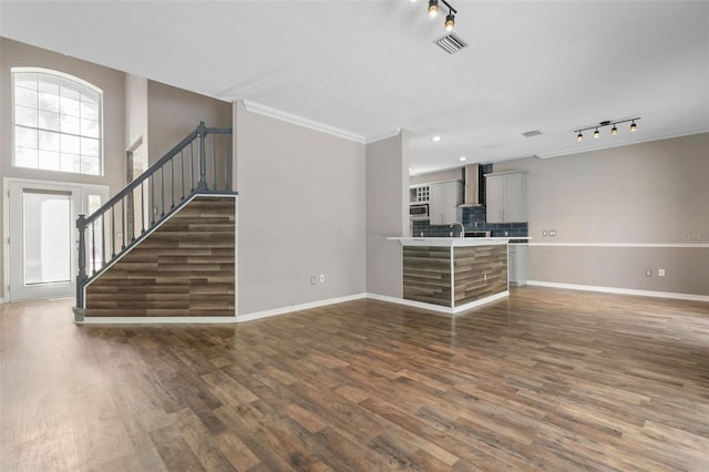 unfurnished living room featuring dark wood-type flooring, crown molding, track lighting, and sink