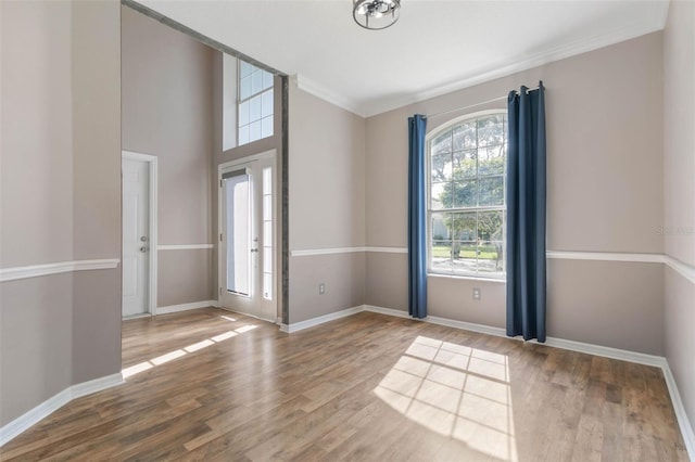 spare room featuring ornamental molding and hardwood / wood-style flooring