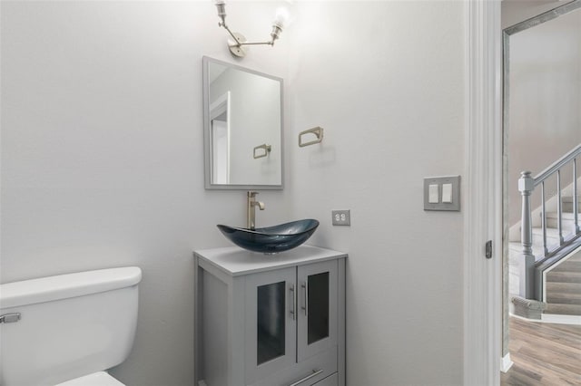 bathroom with toilet, hardwood / wood-style floors, and vanity