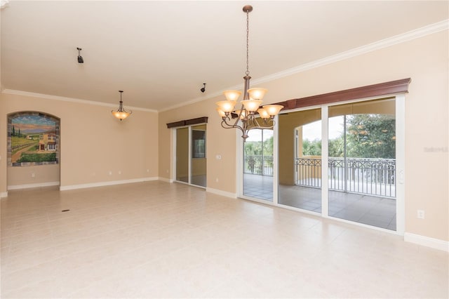 spare room with light tile patterned floors, ornamental molding, and a chandelier