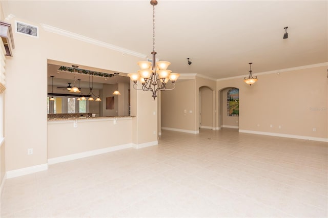 tiled spare room with crown molding and ceiling fan with notable chandelier