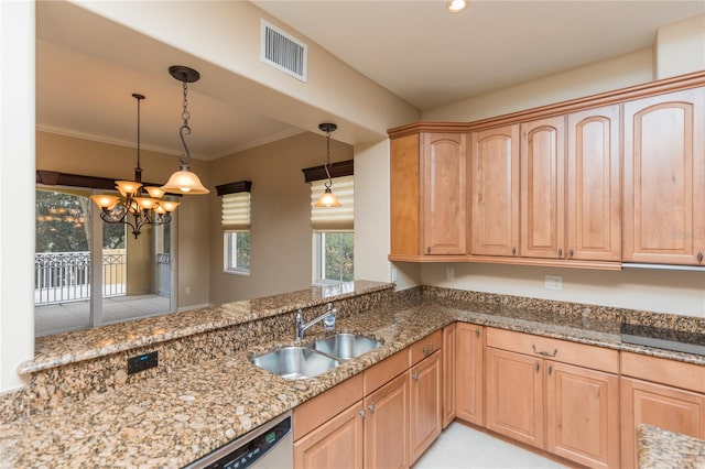 kitchen featuring light stone counters, hanging light fixtures, sink, a notable chandelier, and crown molding