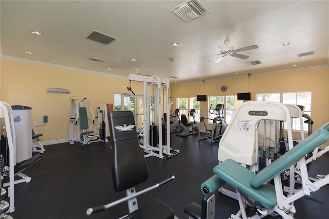 exercise room featuring crown molding and ceiling fan