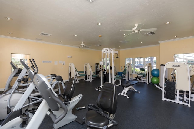 workout area with ceiling fan, a textured ceiling, and crown molding