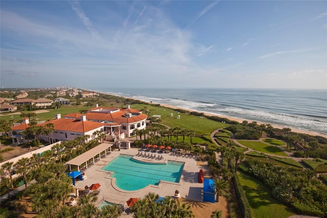 bird's eye view with a view of the beach and a water view