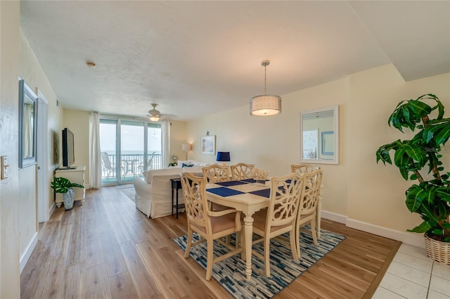 dining space featuring ceiling fan and light hardwood / wood-style flooring