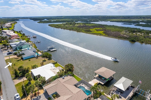 bird's eye view with a water view