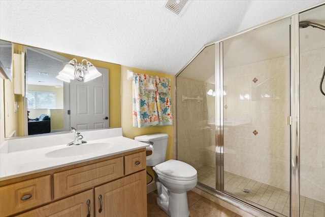 full bathroom featuring visible vents, a stall shower, a textured ceiling, tile patterned flooring, and vanity