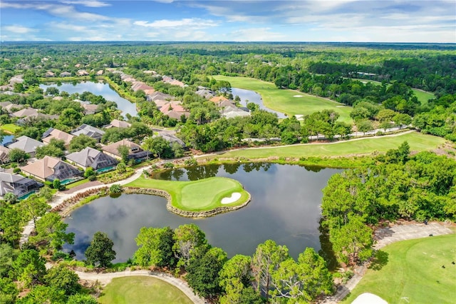 bird's eye view with golf course view and a water view