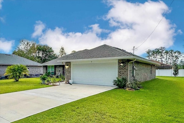 ranch-style home with a garage and a front lawn