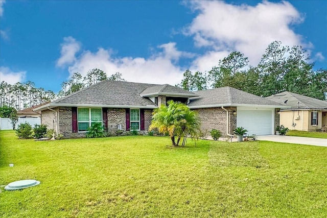 ranch-style house with a garage and a front yard