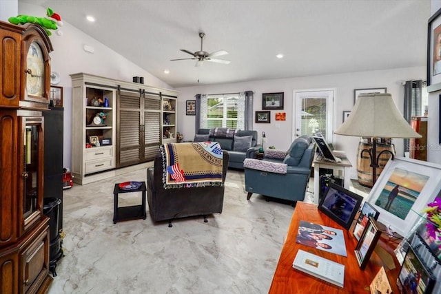 living room with vaulted ceiling and ceiling fan