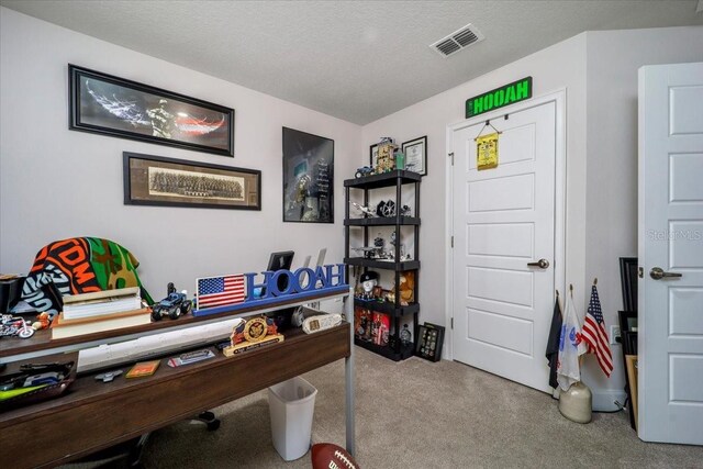 office with light carpet and a textured ceiling