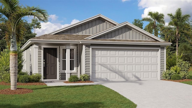 ranch-style house featuring driveway, an attached garage, board and batten siding, and a front yard