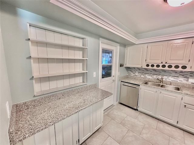 kitchen with sink, white cabinets, decorative backsplash, light stone countertops, and stainless steel dishwasher