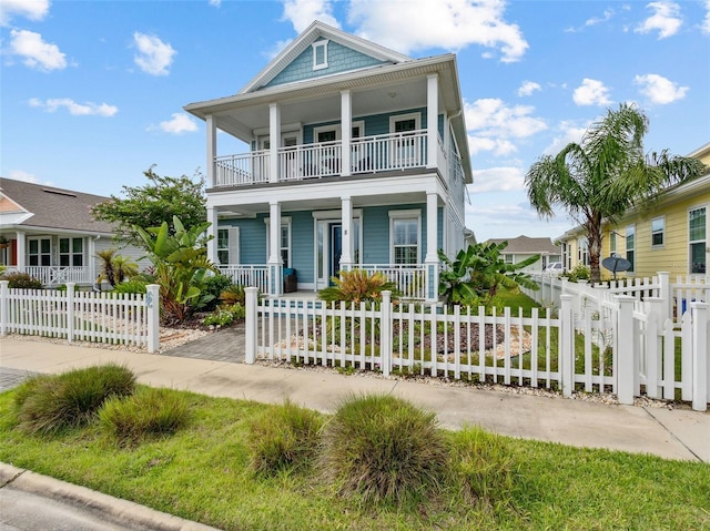 view of front of house with a fenced front yard, a porch, and a balcony