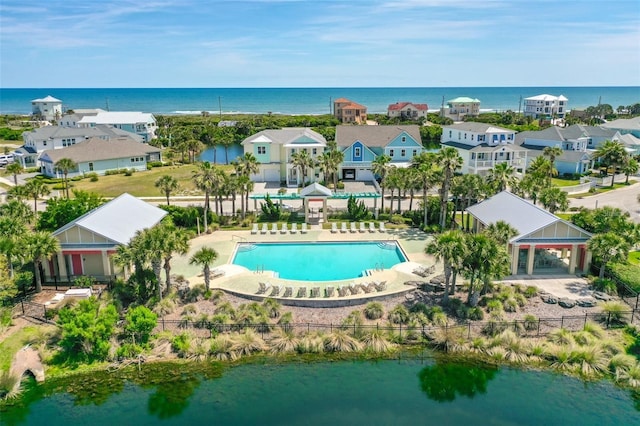 aerial view featuring a water view