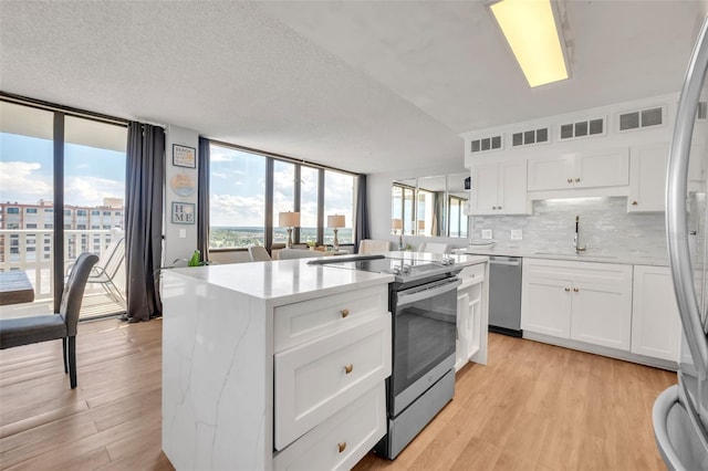 kitchen featuring appliances with stainless steel finishes, sink, expansive windows, and white cabinets