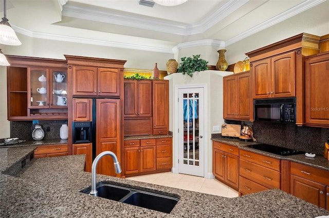 kitchen with ornamental molding, black appliances, sink, decorative backsplash, and light tile patterned flooring