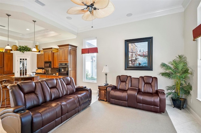 living room with ornamental molding, a raised ceiling, and ceiling fan