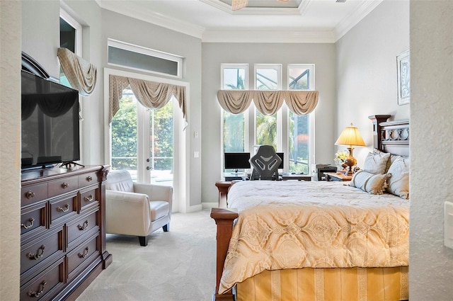 bedroom with crown molding, access to exterior, light carpet, and french doors