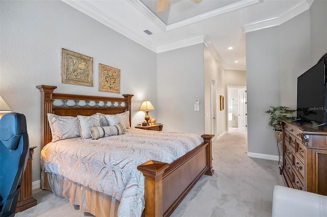 carpeted bedroom featuring crown molding and ceiling fan