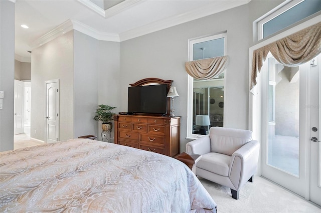 carpeted bedroom featuring access to outside and ornamental molding