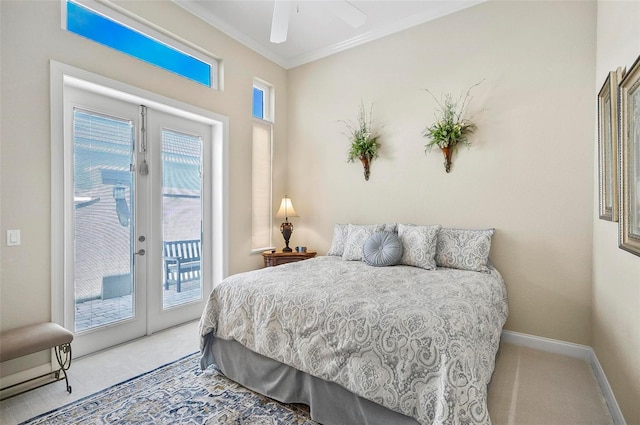 bedroom with light carpet, french doors, access to outside, ornamental molding, and ceiling fan