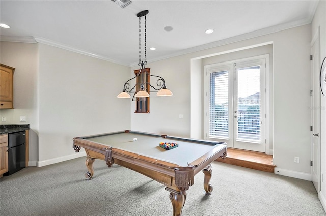 playroom with billiards, ornamental molding, and light carpet