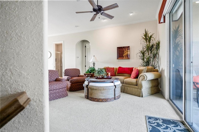 living room with ceiling fan, crown molding, and carpet floors