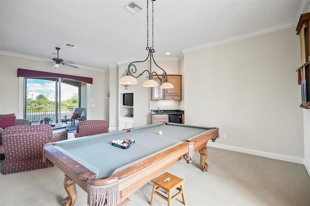 recreation room featuring billiards, crown molding, light carpet, and ceiling fan