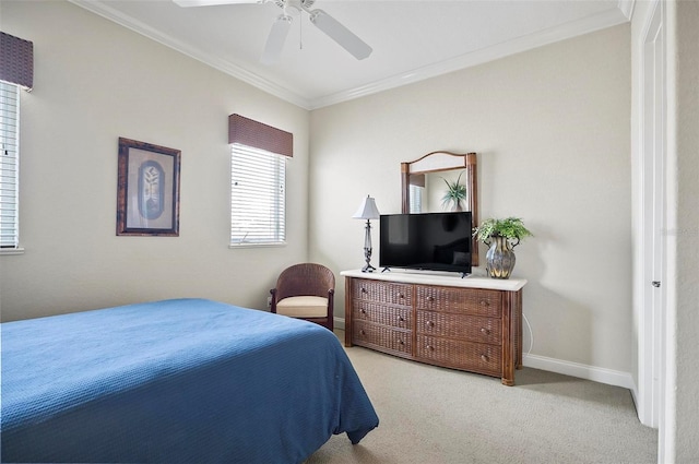 bedroom with light carpet, ornamental molding, and ceiling fan