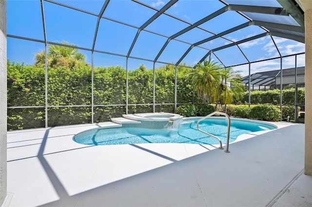 view of swimming pool with glass enclosure, an in ground hot tub, and a patio