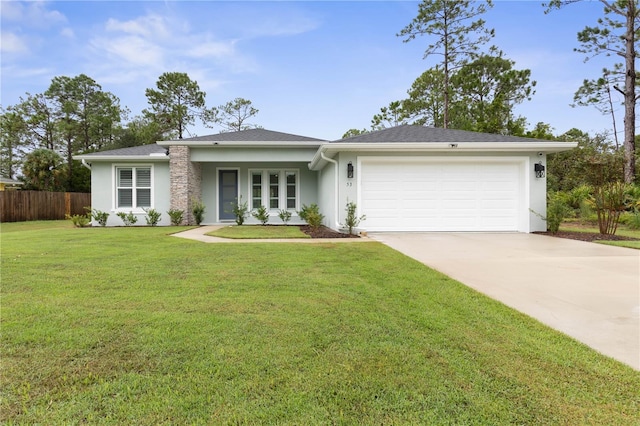 single story home with a front yard and a garage