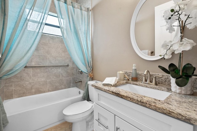 full bathroom featuring shower / bathtub combination with curtain, vanity, and toilet