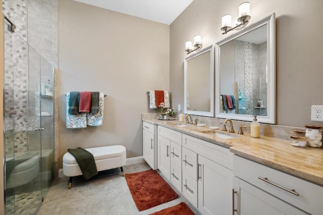 57 Green Cir, Palm Coast, FL 32164 - full bath featuring double vanity, a shower stall, and tile patterned floors