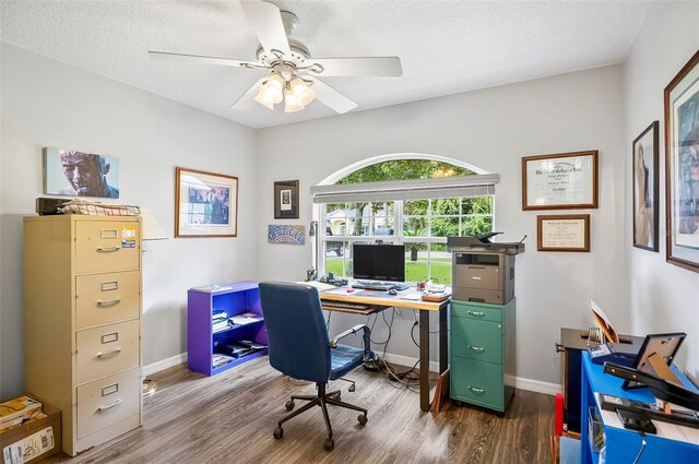 office with a textured ceiling, wood-type flooring, and ceiling fan