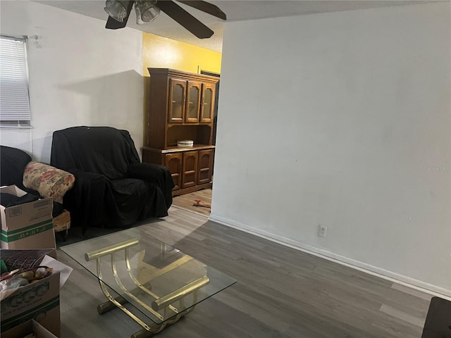 interior space with ceiling fan and hardwood / wood-style flooring