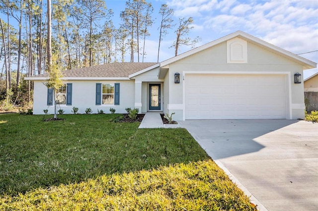 ranch-style home with a garage and a front yard