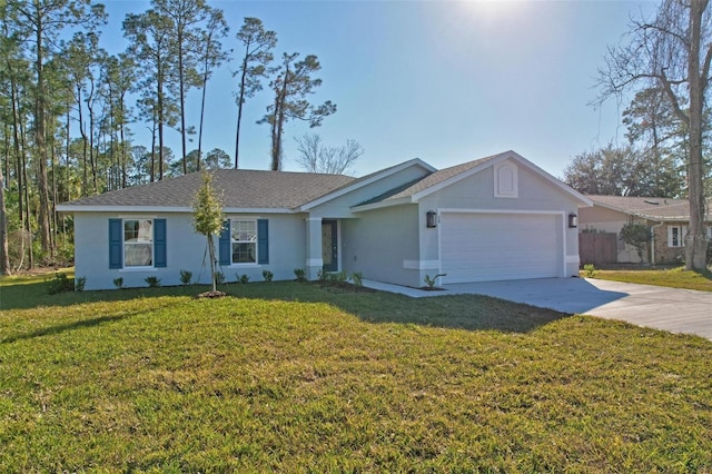 ranch-style home with a garage and a front yard