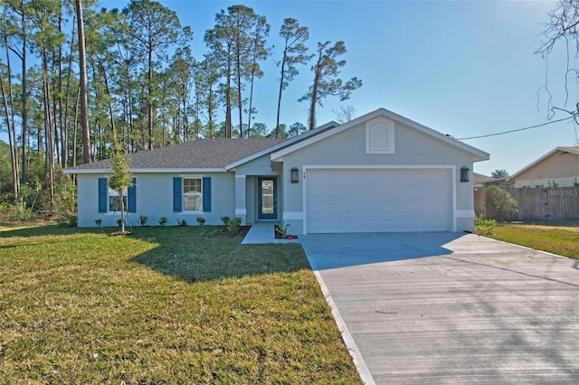 ranch-style house with a garage and a front yard