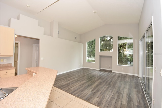 unfurnished living room with lofted ceiling and light hardwood / wood-style floors