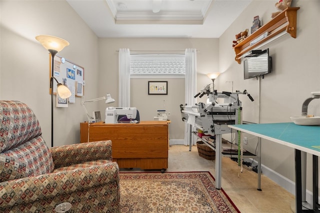 office featuring ornamental molding and a raised ceiling