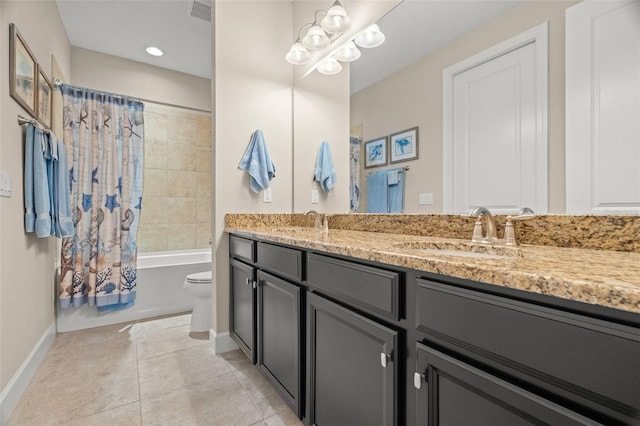 full bathroom with vanity, shower / bath combo, toilet, and tile patterned floors